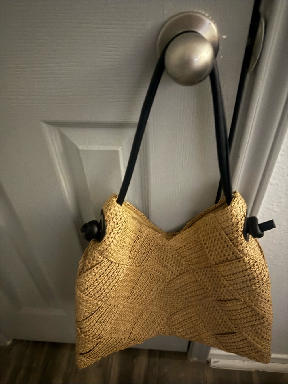 Woven Straw Tote Bag with Black Handles - Natural